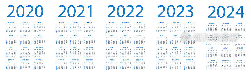 日历2020 2021 2022 2023 2024 -简单的布局插图。星期从星期天开始。日历设定为2020年2021年2022年2023年2024年